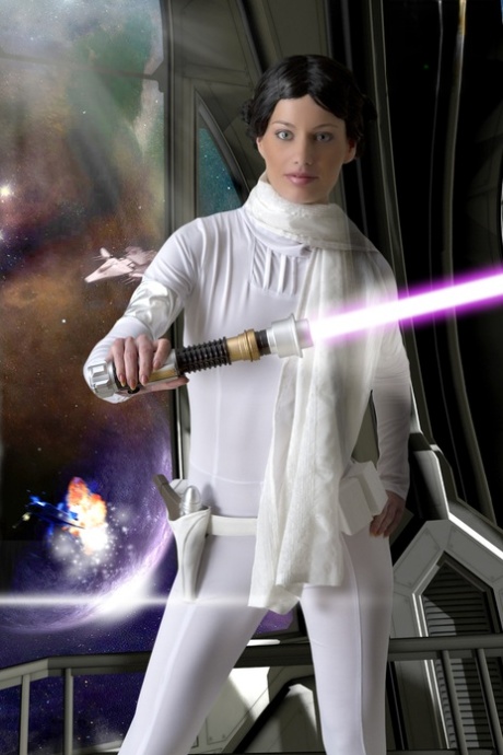 Living doll wields a lightsaber while emulating Princess Leah