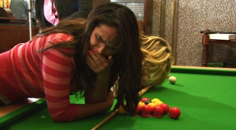 Caucasian girls have their asses spanked over a snooker table by an older man