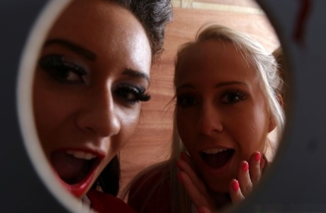 British coeds Romana Ryder and Alexis Rose and Carla Cox give a CFNM blowjob