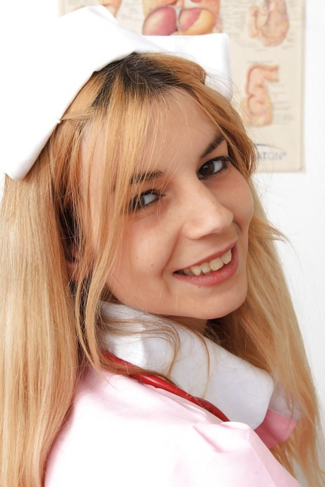 Sassy gyno nurse taking off her panties and fingering her pink hole