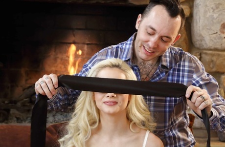 Young blond teen Elsa Jean blindfolded before giving and receiving oral sex