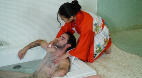 Cute Asian masseuse with big natural tits Kendra Spade does reverse cowgirl