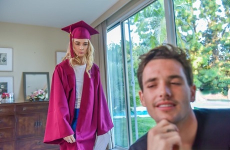 Grad girl Anastasia Knight tricked by her step brother into open mouth facial
