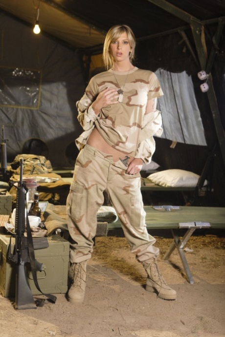 Blonde military babe Brooke Banner does a sexy striptease in her uniform