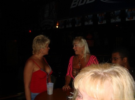 Mature sluts give arousing pantyless upskirts & show their titties in public