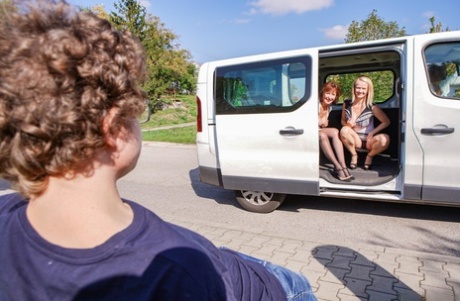 Slutty grannies shamelessly screw a blonde nerd in a public threesome