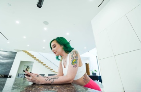 Green haired girlfriend Gia Paige shows her tits & takes a cock from behind