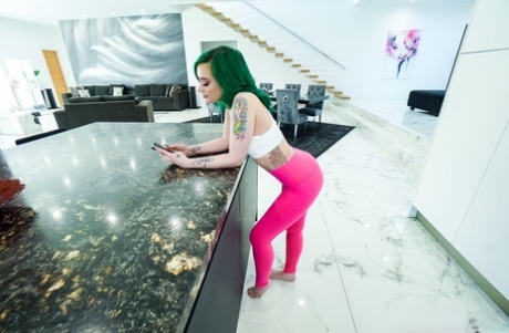 Green haired girlfriend Gia Paige shows her tits & takes a cock from behind