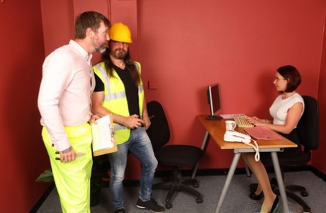 Slutty secretaries have a reverse gangbang CFNM session with a handyman
